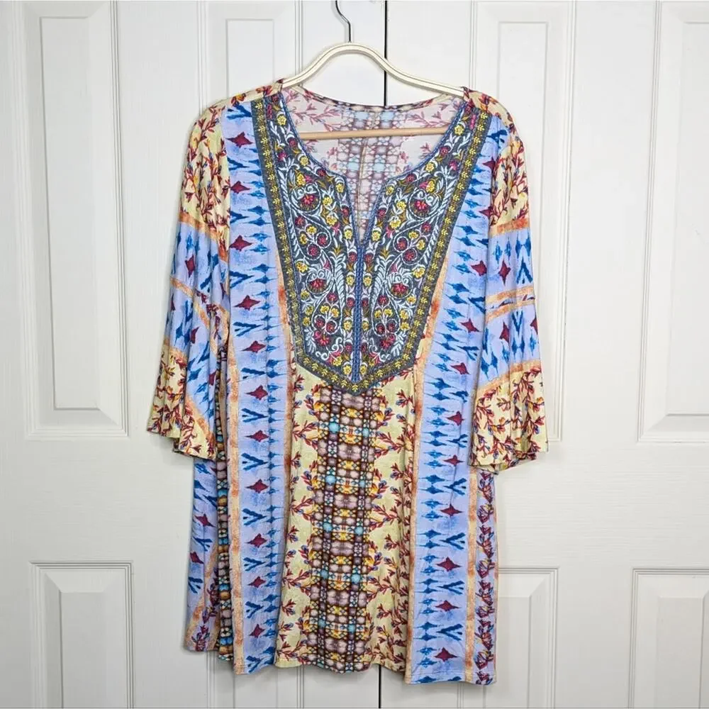 Soft Surroundings Fifi Tunic Top XL Embroidered Mixed Print Bell Sleeve Floral - Picture 12 of 13